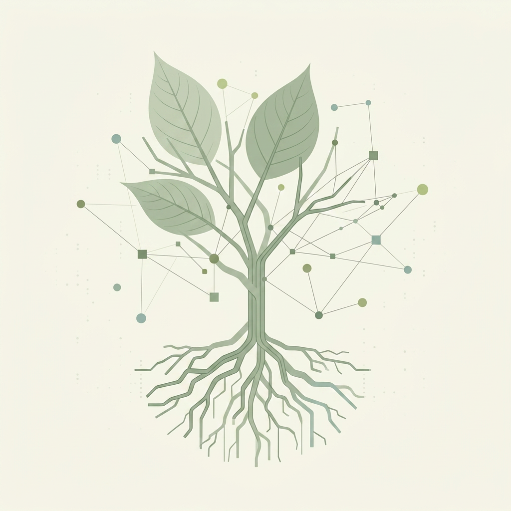 Abstract botanical network illustration linking leaf and root structures to glowing data nodes, representing carbon and supplier data systems.